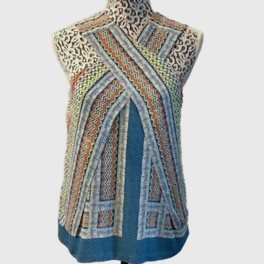 BCBGMaxAzria Maryssa Geometric Pattern Sleeveless Top Multi-Colored, NWT-Size XS